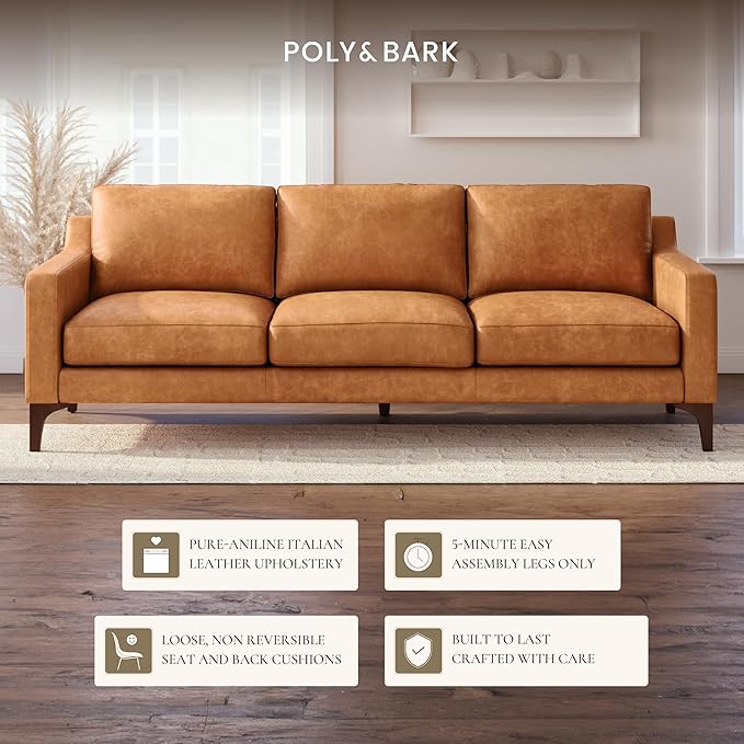 Poly & Bark Sorrento Leather Couch - 86 Inch Sofa - Full-Grain Leather Sofa for Living Room with Feather Down Topper - Living Room Couch - Pure Aniline Vintage Italian Leather in Cognac Tan