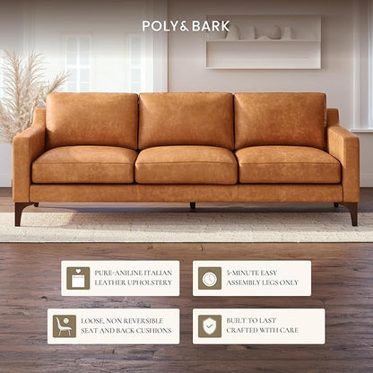 Poly & Bark Sorrento Leather Couch - 86 Inch Sofa - Full-Grain Leather Sofa for Living Room with Feather Down Topper - Living Room Couch - Pure Aniline Vintage Italian Leather in Cognac Tan