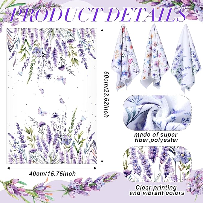 Oudain Spring Kitchen Dish Towels Set of 6 Lavender Floral Butterfly Holiday Tabletop Decor
