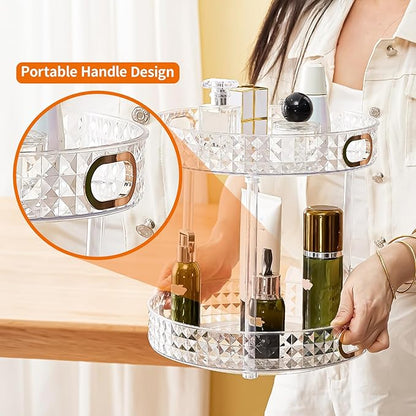 360° Rotating Makeup Organizer, 2 Tier Large Perfume Organizers with Portable Handle for Vanity Bathroom Countertop, Bathroom Counter Organizer for Cosmetics Skincare Perfume