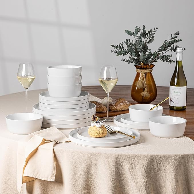 AmorArc Dinnerware Sets for 6, 18 Piece Stoneware Plates and Bowls Set, Chip and Crack Resistant Plates Set, Dishwasher & Microwave Safe Ceramic Dishes - White, Service for 6