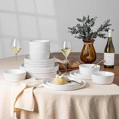 AmorArc Dinnerware Sets for 6, 18 Piece Stoneware Plates and Bowls Set, Chip and Crack Resistant Plates Set, Dishwasher & Microwave Safe Ceramic Dishes - White, Service for 6
