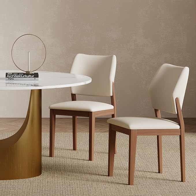 Modern Dining Chairs Set of 2 – Stylish PU Leather High Backrest Dining Room Chair, Upholstered Kitchen Side Chairs with Brown Solid Wood Legs – No Assembly Required