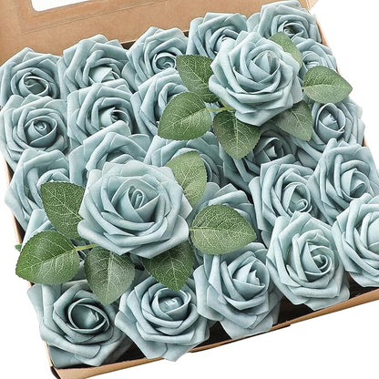 Floroom Artificial Flowers 25pcs Real Looking Dusty Blue Foam Fake Roses with Stems for DIY Wedding Bouquets Bridal Shower Centerpieces Floral Arrangements Party Tables Home Decorations