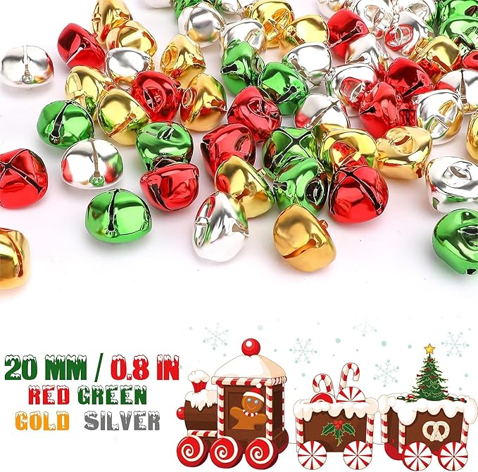 Augshy 120 Pieces Jingle Bells 4/5 Inch Craft Bell Bulk for Christmas Home and Pet Decorations Xmas Decor Party Favors Supplies (Gold, Silver, Red, Green)
