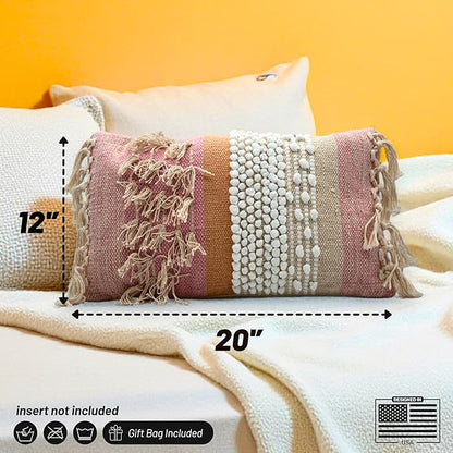 Decorative Boho-Chic Lumbar Pillow Cover 12x20 Handwoven Tufted Fringed Cotton Pink Cream Beige Neutral Farmhouse Bohemian Scandinavian Trendy USA Design