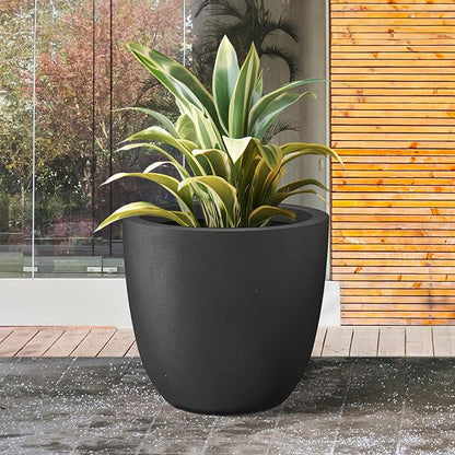 Kante 18 Inch Dia Round Concrete Planter, Indoor Outdoor Large Plant Pot with Drainage Hole and Rubber Plug for Home Patio Garden, Black