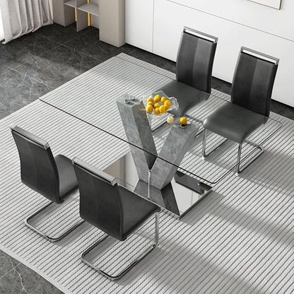 71" Glass Dining Table Set for 4, Kitchen Table and 4 PU Leather Chairs, Dining Table Set Ideal for Living Room