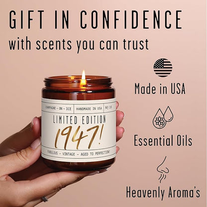 78th Birthday Gifts for Women - 'Limited Edition 1947' Soy Candle, w/Champagne on Ice I 78 Birthday Gifts for Women I 78th Birthday Gift for Her Ideas I 9oz Reusable Jar, 50Hr Burn, Made in USA