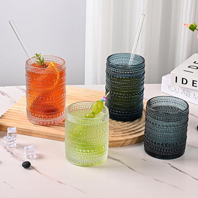 Vintage Hobnail Drinking Glasses Set of 8,Clear 12 oz & 15oz Highball Glass Cups, Kitchen Drinkware Glassware