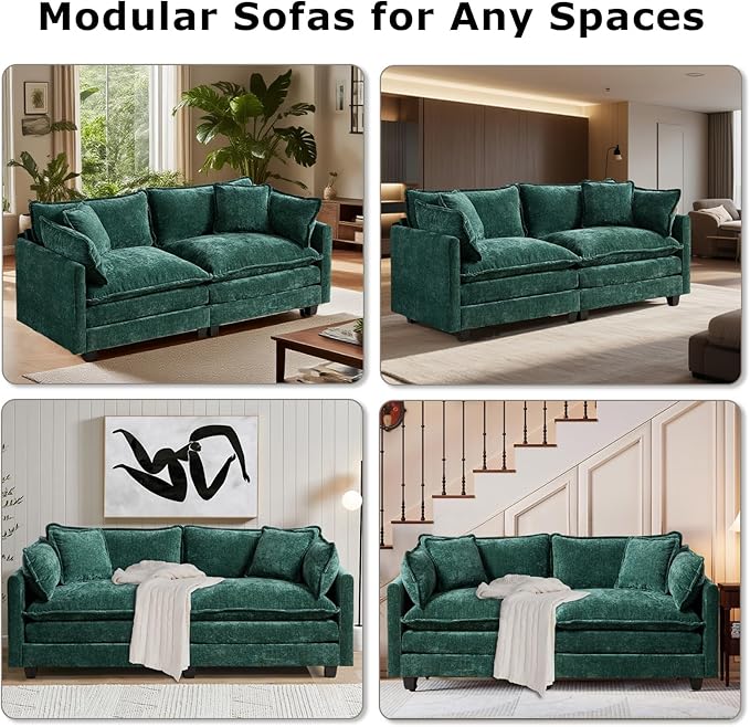 SoarFlash 107.4" Chenille Sectional Sofa, Comfy L Shaped Modular Coush Sofa with Ottoman, Modern 4 Seat Couch Deep Seat Sofa Set for Living Room,Green