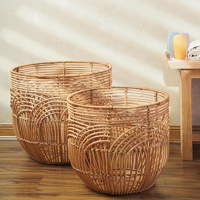 Set Of 2 Large Woven Blanket Baskets | Round Wicker Rattan Storage Floor Baskets for Shoe In Living Room | Extra Big Boho Rattan Laundry For Pillow, Blanket, Clothes