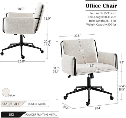 Rowill Modern Office Chair, Beige Boucle Fabric, Adjustable Height, 300 LBS Capacity, Wheels, Arm Rest, Perfect for Home Office, Bedroom, Makeup Room