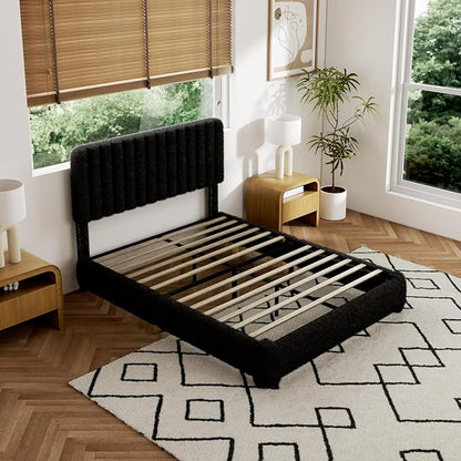 Full Size Boucle Bed Frame, Upholstered Cloud Platform Bed Frame with Adjustable Headboard, Vertical Tufted, Soft Rounded Corners, No Box Spring Needed, Noise Free Design, Easy Assembly, Black