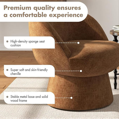 360° Swivel Accent Chairs Set of 2, Modern Brown Chenille Upholstered Round Barrel Chair with Curved Back, Bucket Vanity Armchair for Small Space,Living Room, Bedroom
