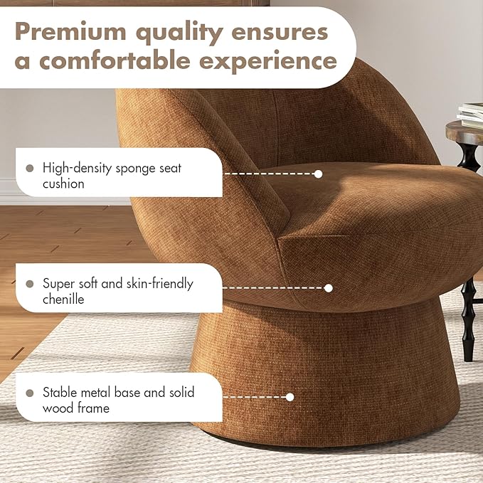 360° Swivel Accent Chair with Curved Back, Modern Brown Chenille Upholstered Round Barrel Chair, Bucket Armchair for Small Space,Living Room, Bedroom