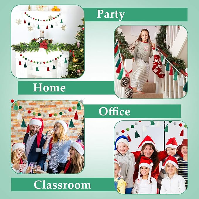 Syhood 4 Pcs Christmas Pom Pom Tassel Garland Felt Pompom Ball Banner Christmas Tassel Garland for Xmas Tree Hanging Decorations Party Supplies Home Decor(Red Green White)