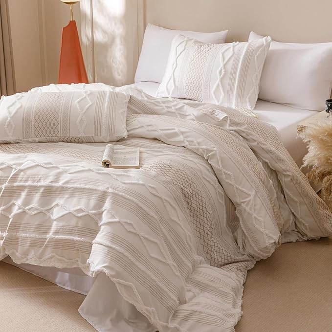 CLOTHKNOW Boho White King Size Comforter Set 3Pcs Farmhouse Bedding Comforter Sets Clipped Jacquard Stripes Comforter White Khaki Comforter Soft
