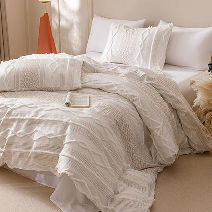 CLOTHKNOW Boho White King Size Comforter Set 3Pcs Farmhouse Bedding Comforter Sets Clipped Jacquard Stripes Comforter White Khaki Comforter Soft