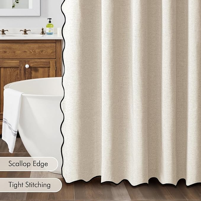 MIULEE 96" Long Scalloped Shower Curtain Linen Textured with 12 Metal Hooks Cute Extra Long Heavy Duty Washable Waterproof Cloth Shower Curtains with Black Border for Bathroom Hotel Bathtub,Beige