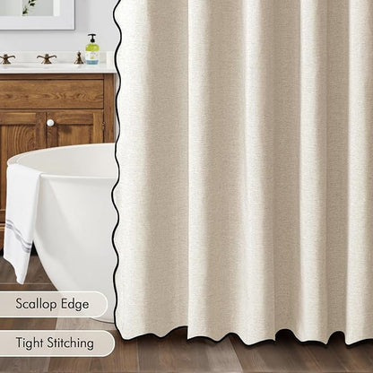 MIULEE 96" Long Scalloped Shower Curtain Linen Textured with 12 Metal Hooks Cute Extra Long Heavy Duty Washable Waterproof Cloth Shower Curtains with Black Border for Bathroom Hotel Bathtub,Beige