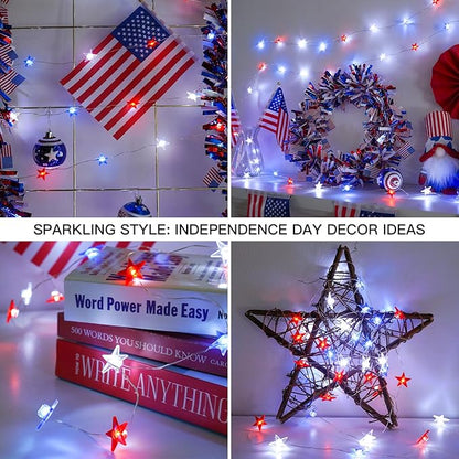 suddus 4th of July Decorations Red White and Blue String Lights Battery Operated 40 Led Star Fairy Lights for Independence Day Memorial Day