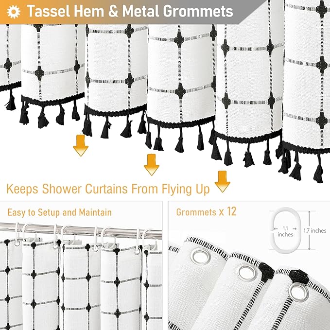 BTTN Extra Long Shower Curtain - 72x84 Inch Long Boho Chic Tassel Linen Fabric Shower Curtain Set with Hooks, Modern Farmhouse Elegant Heavy Duty Cloth Shower Curtains for Bathroom - White and Black