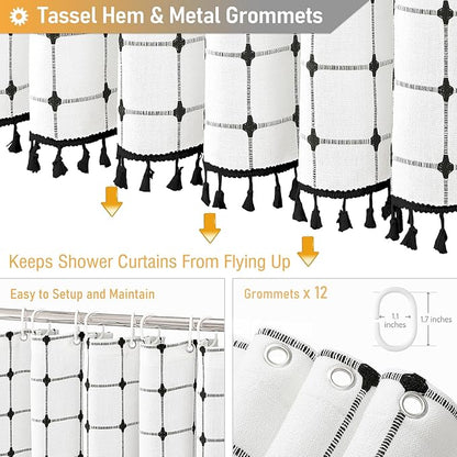 BTTN Extra Long Shower Curtain - 72x84 Inch Long Boho Chic Tassel Linen Fabric Shower Curtain Set with Hooks, Modern Farmhouse Elegant Heavy Duty Cloth Shower Curtains for Bathroom - White and Black