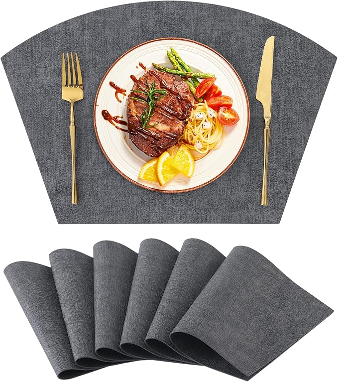 Homaxy Round Table Placemats Set of 6, Washable Wedge Shaped Faux Leather Table Mats, Wipeable Kitchen Dinner Place Mats for Indoor Outdoor, Dark Grey