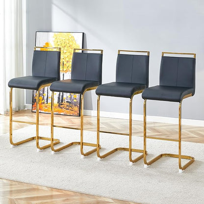 Counter Height Bar Stools Set of 4,Bar Stools with Back,30" Black Island Chairs with Gold Chrome Plated Metal Leg,Faux Leather Barstools for Pub Kitchen Counter Dining Chair