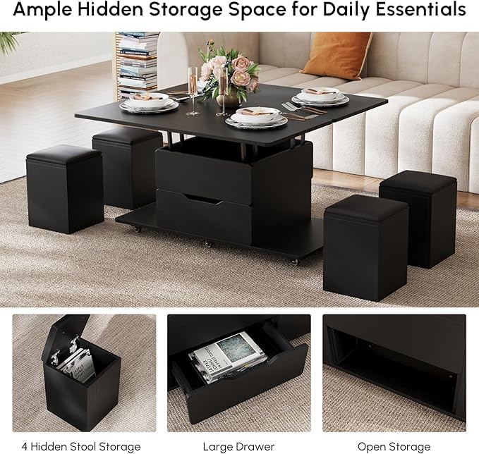homary Coffee Table with Stools, Black 3-in-1 Modern Lift-Top Folding Center Table with Hidden Storage, Casters, and Lockable Wheels – Convertible Dining & Office Table for Living Room