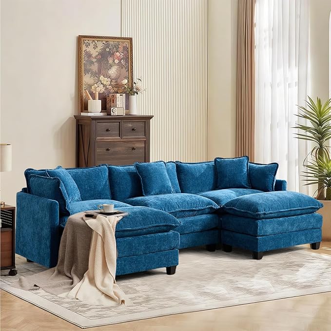 SoarFlash 107.4" Chenille Sectional Sofa, Comfy U Shaped Modular Coush Sofa with Ottoman, Modern 4 Seat Couch Deep Seat Sofa Set for Living Room,Blue