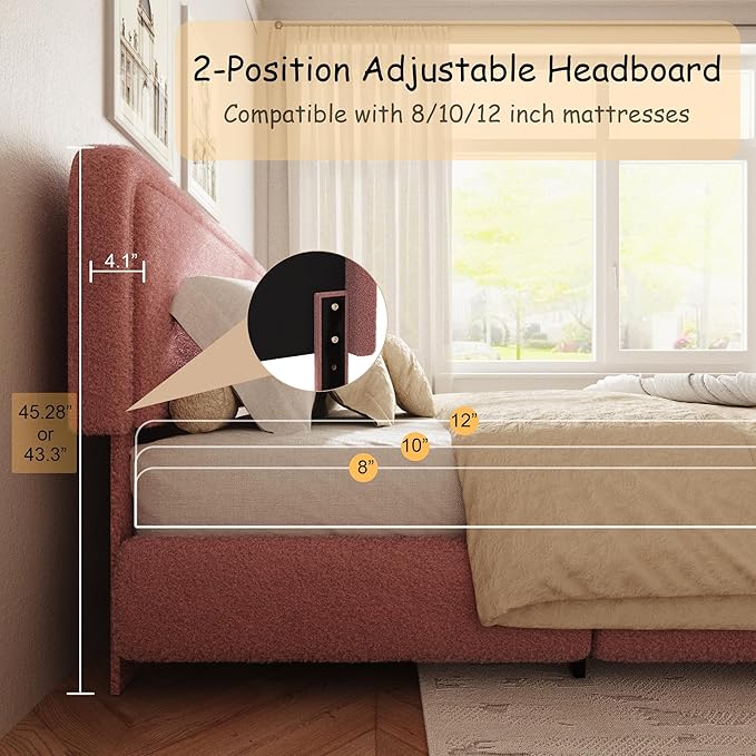 Queen Size Boucle Bed Frame, Cloud Upholstered Platform Bed with Height Adjustable Headboard & Soft Rounded Corners, No Box Spring Needed, Noise Free, Easy Assembly, Pink