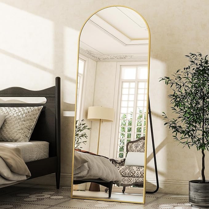 Arched Full Length Mirror, 64" x 21" Arch Floor Mirror with Stand, Full Length Wall Mirror Hanging or Leaning Arched-Top Full Body with Stand for Bedroom, Dressing Room, Gold