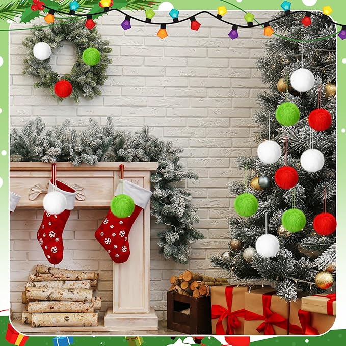 Gejoy 12 Pcs Furry Christmas Ball Ornaments for Xmas Tree Red Green White Christmas Hanging Decorations Soft Faux Fur Pom Pom Ball Ornaments for Party Supplies Fireplace Mantel Home Wall Decor