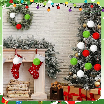 Gejoy 12 Pcs Furry Christmas Ball Ornaments for Xmas Tree Red Green White Christmas Hanging Decorations Soft Faux Fur Pom Pom Ball Ornaments for Party Supplies Fireplace Mantel Home Wall Decor