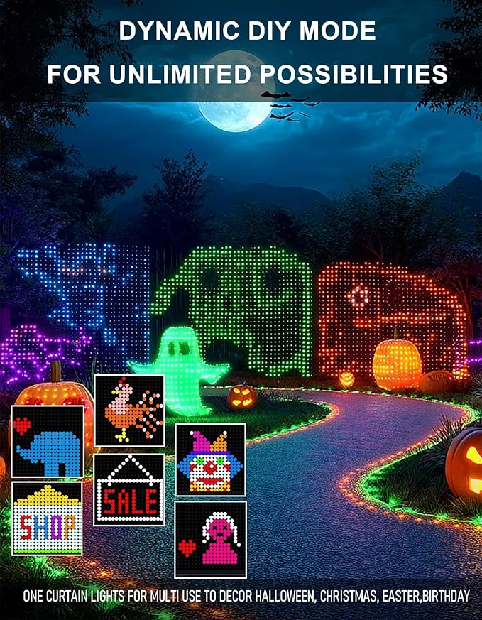Dazzle Bright Smart Curtain Lights, 400 LED 6.6FT x 6.6FT Color Changing Halloween Christmas Lights with Remote & APP, Dynamic DIY Fairy Hanging String Lights for Indoor Outdoor Bedroom Decorations