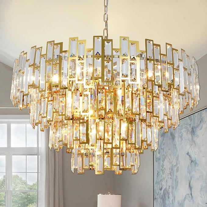 Gold Crystal Chandelier Lighting Foyer Hall Entry Way Chandeliers Light Fixture for High Ceiling Sloped Pendant Hanging French Empire Style Round Large 31.5 inch