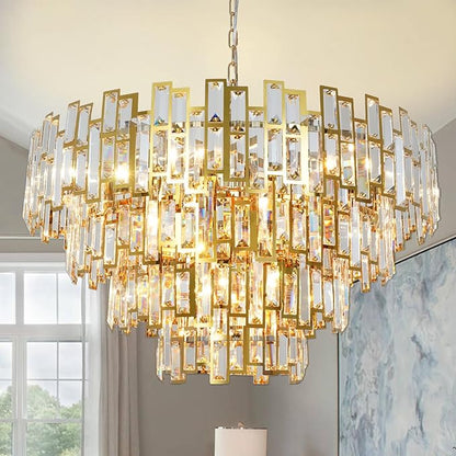 Gold Crystal Chandelier Lighting Foyer Hall Entry Way Chandeliers Light Fixture for High Ceiling Sloped Pendant Hanging French Empire Style Round Large 31.5 inch