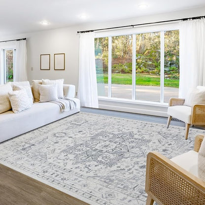 Area Rugs 5x7 Washable Area Rugs for Living Room- Ultra Soft Non-Shedding Faux Wool Bedroom Rug Grey Vintage Print Rugs Non Slip Dining Room Rugs Large Floor Carpet for Farmhouse Home Office