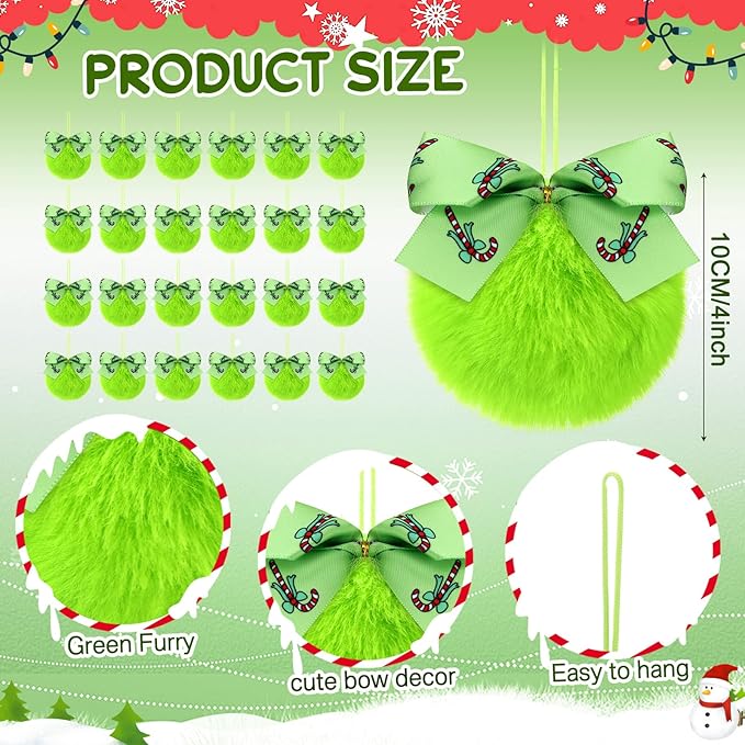 Norme 24-Pack Lime Green Furry Christmas Balls with Bow, 4" Soft Faux Fur Plush Pom Pom Ball Ornaments for Christmas Tree Hanging Decorations Party Fireplace Mantel Wall Decor(Candy Cane)