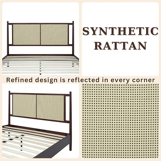 Bme Oliver King Bed Frame and Headboard - 15-Inch Signature Design with Rattan Headboard, Bohemian and Mid Century Style, 12-Slat Wood Support, No Box Spring Needed - Easy Assembly, Walnut