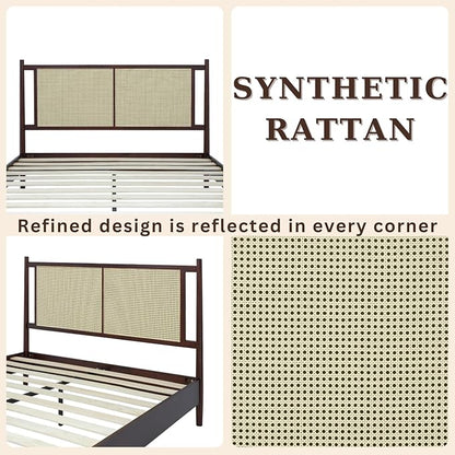 Bme Oliver King Bed Frame and Headboard - 15-Inch Signature Design with Rattan Headboard, Bohemian and Mid Century Style, 12-Slat Wood Support, No Box Spring Needed - Easy Assembly, Walnut