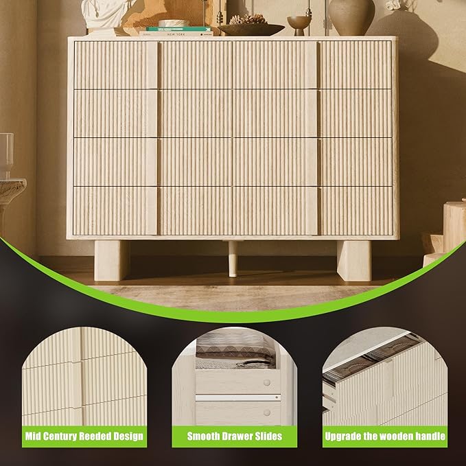 Fluted Dresser for Bedroom with 8 Drawers, 47" Wide Modern Chest of Drawers with Wooden Handle, Wooden Dresser TV Stand, Wood Closet Clothes Storage Organizer for Living Room, Hallway, Whitewashed oak