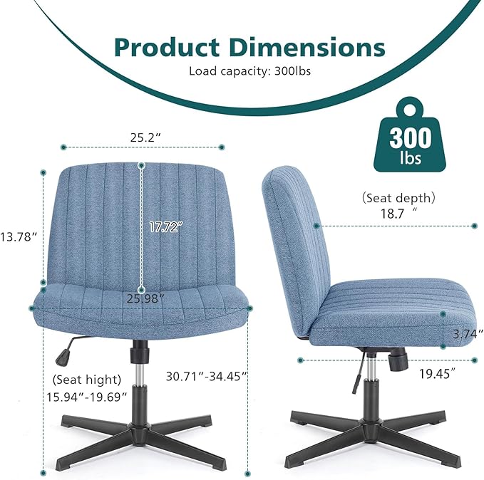 DUMOS Criss Cross Legged Office Chair, Armless Wide Seat No Wheels, Modern Home Desk Height Adjustable Swivel Fabric Vanity Seating for Bedroom