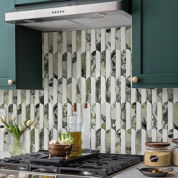 Vamos Tile Peel and Stick Backsplash Seamless Tile,10-Sheets Stick on Backsplash for Kitchen and Bathroom, Pure White+Ice Green Marble+Light Gold PVC Self Adhesive Mosaic Tiles