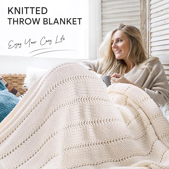 RECYCO Cable Knit Cream White Throw Blanket Twin Size, Super Soft Warm Cozy Decorative Knitted Throw Blanket 3.6LB for Bed, Chair Large 60"x80"