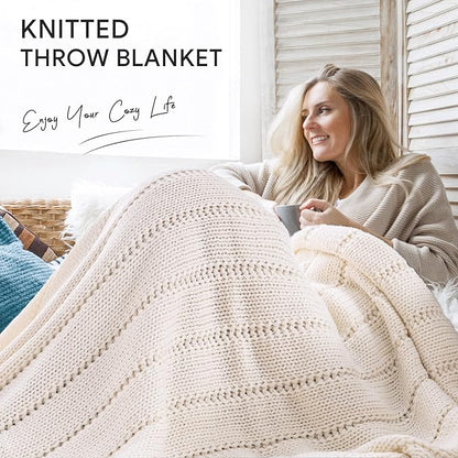 RECYCO Cable Knit Cream White Throw Blanket, Super Soft Warm Cozy Decorative Knitted Throw Blanket 2.3LB50"x60"