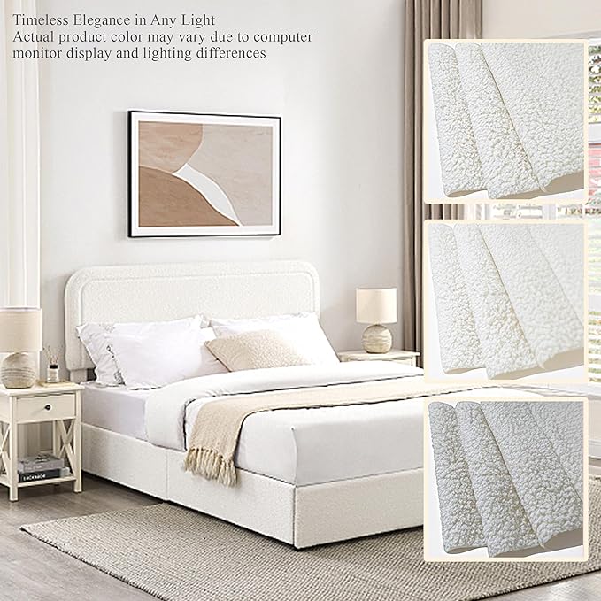 Queen Size Boucle Upholstered Platform Bed Frame, with 4 Drawers Storage, Curved Stitched Tufted Headboard, Wooden Slat Mattress Support, Noise Free, Easy Assembly, No Box Spring Needed, Ivory