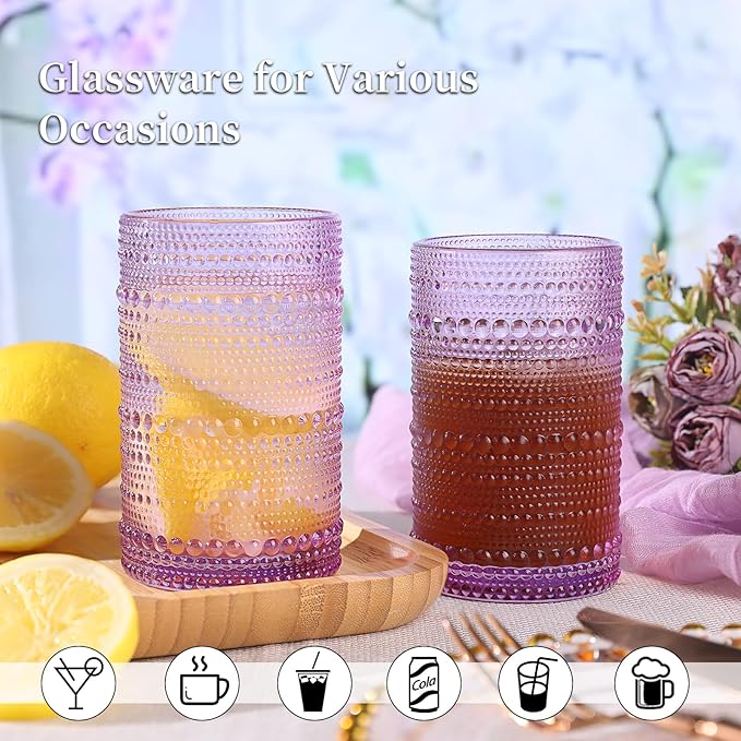 Purple Hobnail Glasses Drinking Set of 4, 12 oz Cocktail Glasses, Purple Vintage Glassware for Beer, Cocktail, Soda, Juice, Coffee and Various Mixed Drinks